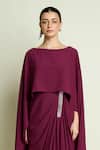 Shop Aakaar Purple Crepe Metallic Thread Boat Neck Draped Cape Dress Online at Aza Fashions Shop_Aakaar_Purple Crepe Metallic Thread Boat Neck Draped Cape Dress _Online_at_Aza_Fashions