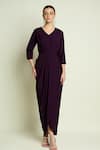 Aakaar_Purple Crepe V-neck Draped Dress With Puff Sleeve Shrug _Online_at_Aza_Fashions