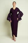 Buy_Aakaar_Purple Crepe V-neck Draped Dress With Puff Sleeve Shrug _at_Aza_Fashions