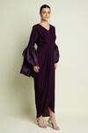 Shop_Aakaar_Purple Crepe V-neck Draped Dress With Puff Sleeve Shrug _Online_at_Aza_Fashions