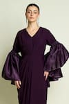 Aakaar_Purple Crepe V-neck Draped Dress With Puff Sleeve Shrug _at_Aza_Fashions