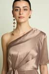 Aakaar_Beige Satin One Shoulder Draped Jumpsuit _at_Aza_Fashions