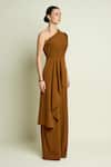 Aakaar_Brown Crepe One Shoulder Puff Sleeve Jumpsuit _Online_at_Aza_Fashions