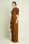 Shop_Aakaar_Brown Crepe One Shoulder Puff Sleeve Jumpsuit _Online_at_Aza_Fashions