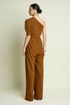 Shop_Aakaar_Brown Crepe One Shoulder Puff Sleeve Jumpsuit _at_Aza_Fashions