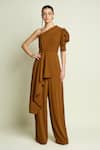 Buy_Aakaar_Brown Crepe One Shoulder Puff Sleeve Jumpsuit _at_Aza_Fashions
