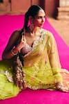 Angad Singh_Lime Net Mirrors, Embroidery V-neck Green Saree With Blouse _at_Aza_Fashions