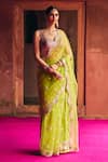 Buy_Angad Singh_Lime Net Mirrors, Embroidery V-neck Green Saree With Blouse _at_Aza_Fashions