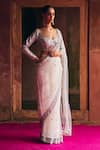Angad Singh_White Net Applique, Mirrors Scoop Neck Saree With Blouse _Online_at_Aza_Fashions