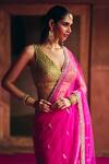 Angad Singh_Pink Net Mirrors V-neck Rani Saree With Blouse _Online_at_Aza_Fashions