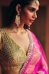 Shop_Angad Singh_Pink Net Mirrors V-neck Rani Saree With Blouse _Online_at_Aza_Fashions