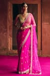 Buy_Angad Singh_Pink Net Mirrors V-neck Rani Saree With Blouse _at_Aza_Fashions