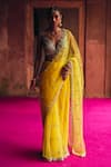 Buy_Angad Singh_Yellow Net Mirrors, Zari V-neck Saree With Blouse _at_Aza_Fashions