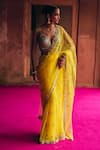 Angad Singh_Yellow Net Mirrors, Zari V-neck Saree With Blouse _Online_at_Aza_Fashions