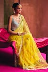 Shop_Angad Singh_Yellow Net Mirrors, Zari V-neck Saree With Blouse _Online_at_Aza_Fashions