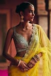 Angad Singh_Yellow Net Mirrors, Zari V-neck Saree With Blouse _at_Aza_Fashions