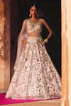 Buy_Angad Singh_Pink Organza Mirrors, Applique, Gota Patti V-neck Bridal Lehenga Set _at_Aza_Fashions