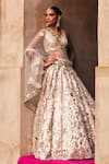 Angad Singh_Pink Organza Mirrors, Applique, Gota Patti V-neck Bridal Lehenga Set _at_Aza_Fashions