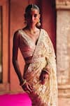 Angad Singh_Beige Net Embroidery, Mirrors, Zari V-neck Saree With Blouse _Online_at_Aza_Fashions