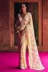 Buy_Angad Singh_Beige Net Embroidery, Mirrors, Zari V-neck Saree With Blouse _at_Aza_Fashions