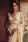 Shop_Angad Singh_Beige Net Embroidery, Mirrors, Zari V-neck Saree With Blouse _Online_at_Aza_Fashions
