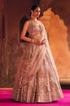 Angad Singh_Peach Organza Mirrors, Zari, Gota Patti, Embroidery V-neck Bridal Lehenga Set _at_Aza_Fashions