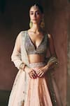 Angad Singh_Peach Tissue, Net Mirrors, Embroidery V-neck Lehenga Set _Online_at_Aza_Fashions