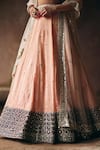 Shop_Angad Singh_Peach Tissue, Net Mirrors, Embroidery V-neck Lehenga Set _Online_at_Aza_Fashions