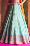 Angad Singh_Aqua Tissue Mirrors, Embroidery V-neck Lehenga Set _at_Aza_Fashions