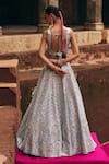Shop_Angad Singh_Gray Silk, Net Mirrors, Zari, Gota Patti, Embroidery Ice Grey Raw Lehenga Set _at_Aza_Fashions