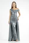 Buy_Cham Cham_Silver Polyester Off-shoulder Draped Bias-flared Gown _at_Aza_Fashions