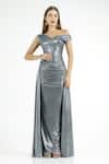 Buy_Cham Cham_Silver Polyester Off-shoulder Draped Bias-flared Gown _Online_at_Aza_Fashions
