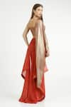 Cham Cham_Red Chiffon Sweetheart Neck, One Shoulder Draped Crop Top And Skirt Set  _Online_at_Aza_Fashions