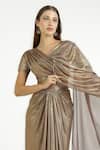 Cham Cham_Gold Polyester V-neck Pleated Gown With Shoulder Trail _Online_at_Aza_Fashions