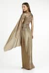 Shop_Cham Cham_Gold Polyester V-neck Pleated Gown With Shoulder Trail _at_Aza_Fashions