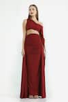 Buy_Cham Cham_Red Polyester One Shoulder Asymmetric Crop Top And Ruched Skirt Set _Online_at_Aza_Fashions