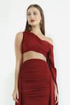 Buy_Cham Cham_Red Polyester One Shoulder Asymmetric Crop Top And Ruched Skirt Set 