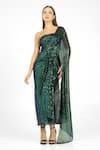 Buy_Cham Cham_Green Polyester Sequins One Shoulder Drape Gown _at_Aza_Fashions