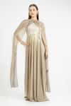 Buy_Cham Cham_Gold Polyester Round Neck White Pleated Flare Gown With Sash _at_Aza_Fashions