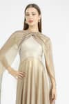 Buy_Cham Cham_Gold Polyester Round Neck White Pleated Flare Gown With Sash _Online_at_Aza_Fashions