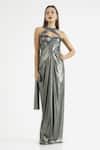 Buy_Cham Cham_Gray Polyester Halter Neck Draped Overlap Strap Metallic Gown _at_Aza_Fashions