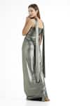 Cham Cham_Gray Polyester Halter Neck Draped Overlap Strap Metallic Gown _Online_at_Aza_Fashions