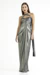 Buy_Cham Cham_Gray Polyester Halter Neck Draped Overlap Strap Metallic Gown _Online_at_Aza_Fashions