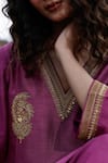 Shop_Charu Makkar_Purple Silk, Organza Embroidery, Zari V-neck Preeto Kurta Set _Online_at_Aza_Fashions