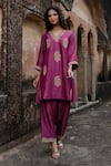Buy_Charu Makkar_Purple Silk, Organza Embroidery, Zari V-neck Preeto Kurta Set 