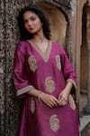 Shop_Charu Makkar_Purple Silk, Organza Embroidery, Zari V-neck Preeto Kurta Set 