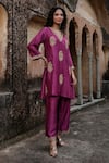 Charu Makkar_Purple Silk, Organza Embroidery, Zari V-neck Preeto Kurta Set _Online