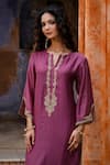 Charu Makkar_Purple Chanderi, Organza Embroidery, Zari Split V-neck Muskaan Kurta Set _Online_at_Aza_Fashions