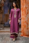 Shop_Charu Makkar_Purple Chanderi, Organza Embroidery, Zari Split V-neck Muskaan Kurta Set _Online_at_Aza_Fashions