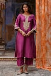 Buy_Charu Makkar_Purple Silk, Organza Embroidery, Zari Split V-neck Raha Kurta Set _Online_at_Aza_Fashions